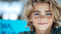 Young blonde boy with tousled hair and bright blue eyes smiling at camera with swimming pool background. Summer vacation childhood portrait.