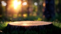 Natural wood tree stump cross-section on green grass with warm bokeh lights background for product display and outdoor presentation concepts.