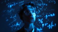 Young Asian male scientist or mathematician surrounded by glowing blue mathematical equations and formulas in dark laboratory environment for education concepts.