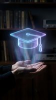 Holographic graduation cap floating above open hands in library setting representing online education and academic achievement concepts.
