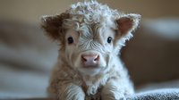 Adorable fluffy white and brown calf with curly fur looking directly at camera in soft indoor lighting for farm animal and livestock content.