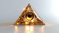 Glowing golden triangle with mystical eye symbol emits ethereal light rays against neutral background, creating dramatic spiritual atmosphere.