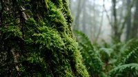 Green moss growing on tree bark in misty forest with ferns creating natural woodland texture for environmental and nature projects.