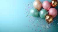 Festive arrangement of pastel pink, mint green, pearl white and gold glitter balloons with scattered confetti on turquoise background. Perfect for celebration designs.
