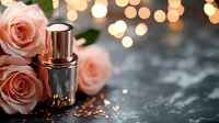 Elegant perfume bottle with pink roses on dark marble background, glowing bokeh lights and golden glitter create luxurious cosmetic atmosphere.