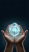 Hands holding glowing crystal orb with luminous energy core against dark background, representing innovation, technology, power, and spiritual growth for business and wellness concepts.