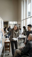 Middle-aged Caucasian woman presenting project ideas on display board to diverse team in modern office meeting room with natural lighting.