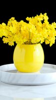 Vibrant yellow daffodils arranged in matching yellow ceramic vase on white marble platform against black background, creating dramatic spring floral display.