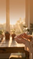 Woman hands holding smartphone in warm golden sunlight by window with city bokeh background for communication and technology concepts.