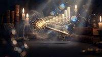 Ornate golden key floating with glowing gears and light rays in mystical library setting with ancient books and candles creating magical atmosphere.