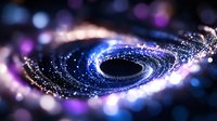 Cosmic black hole with swirling luminous particles in deep space, glowing purple and blue spiral galaxy formation against dark background. Suitable for astronomy concepts.