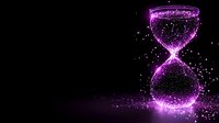 Glowing purple hourglass with sparkling particles against black background, magical time concept with scattered light dots creating ethereal effect.