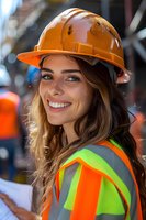 Young female construction worker wearing orange hard hat and safety vest smiles confidently at construction site, representing women in trades and workplace diversity.