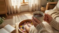 Woman in cozy sweater holding warm coffee mug in sunlit living room with open book, creating peaceful morning atmosphere for relaxation and reading.
