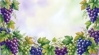 Watercolor grape vine border frame with purple and green bunches, lush leaves, soft pastel background, copy space for text or design.