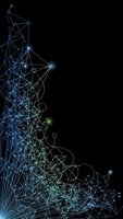 Abstract digital network with glowing blue and green connected nodes on black background for technology and data visualization concepts.