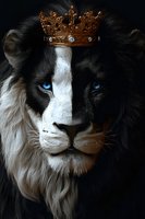 Majestic lion with piercing blue eyes wearing golden crown against dark background, dramatic lighting highlights black and white fur details and royal symbolism.