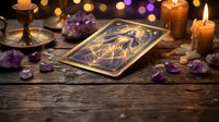 Mystical tarot cards with amethyst crystals and burning candles create atmospheric fortune telling scene on rustic wooden table with warm bokeh lights.