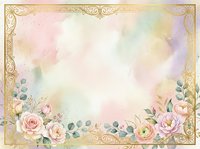 Pastel watercolor floral frame with roses, eucalyptus, and ornate gold borders on soft pink, lavender, and cream background. Perfect for invitations, greeting cards, and wedding designs.