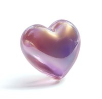 Iridescent glass heart with pink and purple gradient colors on white background, isolated object casting soft shadow suitable for romantic designs.