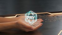 Caucasian woman holding glowing holographic payment symbol with neon geometric design on dark surface for fintech and digital transaction concepts.