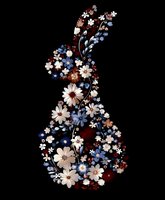Floral bunny silhouette composed of delicate white, blue and burgundy flowers on black background, creating elegant Easter or spring design element.