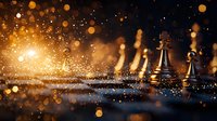 Dark chess pieces on board with magical golden bokeh lights and glowing sparkles creating atmospheric competitive game scene with dramatic lighting.