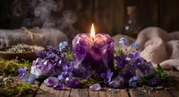 Purple amethyst crystal candle burning with healing stones, dried herbs and smoke for meditation, spiritual wellness and energy cleansing rituals.