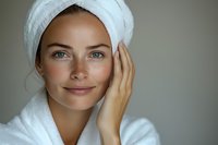 Young Caucasian woman wearing white bathrobe and hair towel smiling gently while touching face during morning skincare routine against neutral background.