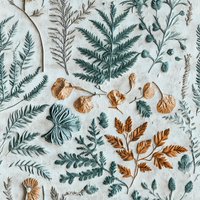 Delicate arrangement of pressed ferns and dried leaves in teal and copper tones on light background, creating botanical flat lay composition for nature-inspired design.