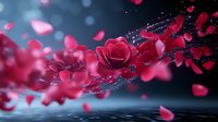 Romantic red rose petals floating over reflective water surface with magical sparkles and bokeh lights against dark background, creating dreamy atmosphere.