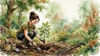 Young woman gardener planting seedlings in lush garden bed surrounded by trees and foliage in watercolor style for organic farming and sustainable living.