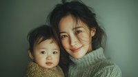 Asian mother and baby daughter in cozy knit sweaters sharing tender moment together, warm family bonding portrait for parenting and childcare concepts.