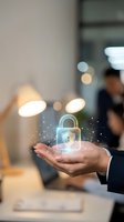 Businessman hand holding glowing digital security lock icon with shield symbol representing cybersecurity protection and data privacy in modern office.