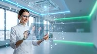 Professional Asian female scientist in white lab coat using futuristic holographic interface technology in modern laboratory with digital network connections.