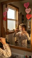 Young child brushing teeth in bathroom mirror with pink heart reminders about dental hygiene and oral care habits for healthy smile development.