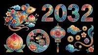 Decorative rat with ornamental flowers and 2032 numerals isolated on transparent background, ready for t-shirt design, clipart, stickers, sublimation, and print-on-demand projects.