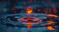 Mesmerizing water drop collision creating crown splash with orange and blue tones, captured in macro photography with circular ripples and bokeh effects in background.