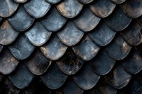 Dark metallic scales pattern with rustic copper and black tones creates dramatic armor-like texture, abstract geometric background for fantasy or medieval designs.