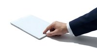 Businessman hand in navy suit holding a blank white tablet on isolated white background, showcasing modern technology and digital business concept.
