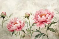 Pink peonies with buds and green leaves on soft beige watercolor background, romantic floral composition in pastel colors for wall art and home decor.