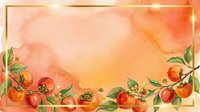 Watercolor tomatoes and foliage arranged on warm peachy background with golden frame border, suitable for culinary designs, recipe cards, and food-related marketing materials.