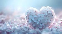 Heart-shaped arrangement of delicate blue hydrangea petals on soft pastel background for romantic wedding and love concepts.