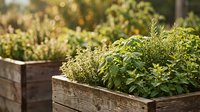 Raised wooden garden beds filled with fresh herbs and vegetables growing in sunlight, suitable for gardening, agriculture, and outdoor lifestyle content.