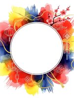 Colorful watercolor frame with Asian cultural elements, cherry blossoms and lanterns. Circular white space for text or design on vibrant background.