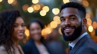 Young African American businessman with beard smiling confidently at evening event, with blurred people and warm bokeh lights in background, portraying success and leadership.