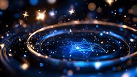 Glowing blue geometric star shape with golden light trails and bokeh effects on dark background creates magical cosmic atmosphere for mystical designs.