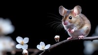 Adorable brown field mouse perched on flowering branch against dark background, whiskers visible, mouth open showing tiny teeth, spring nature wildlife macro photography.