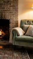 Cozy living room interior with green velvet armchair, burning fireplace, brick wall and warm lighting creating comfortable atmosphere for relaxation.