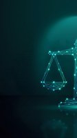 Digital justice scales made of glowing cyan wireframe network connections on dark teal background for legal technology and blockchain law concepts.